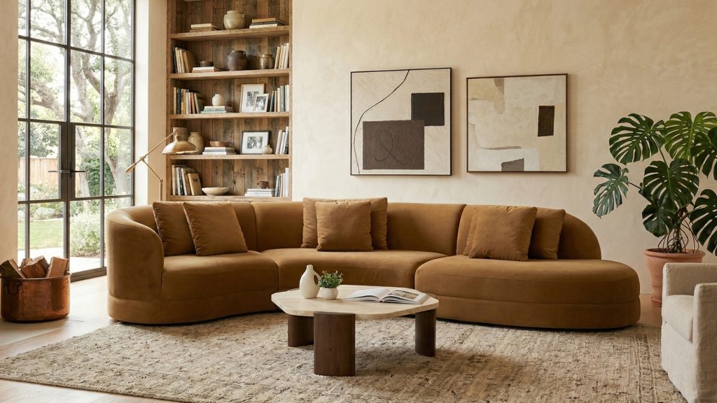 Adorn Croft's Doni Curved Sofa in brown.