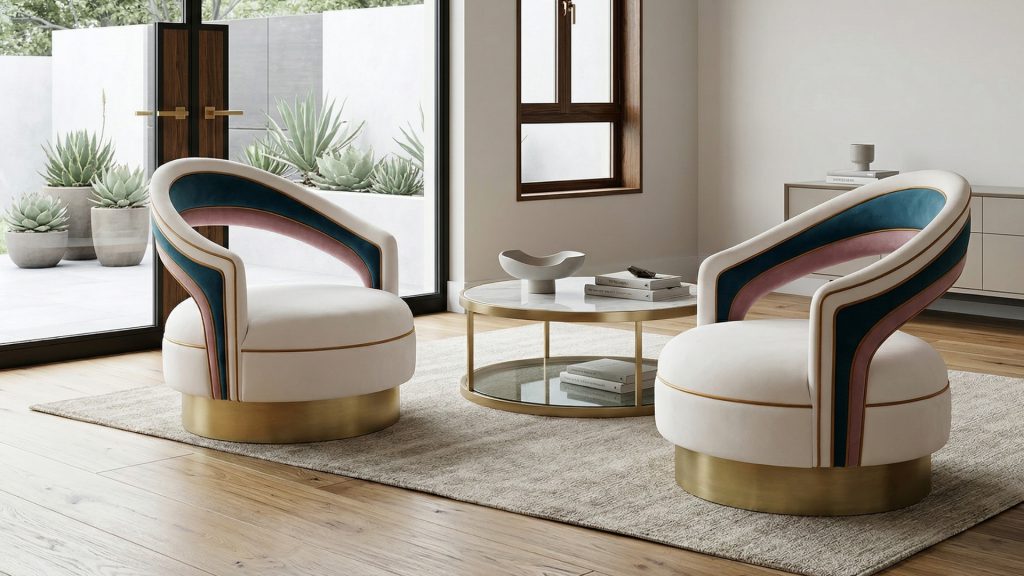 A pair of Adorn Croft's Edra Swivel Charisse Armchair in a living room.