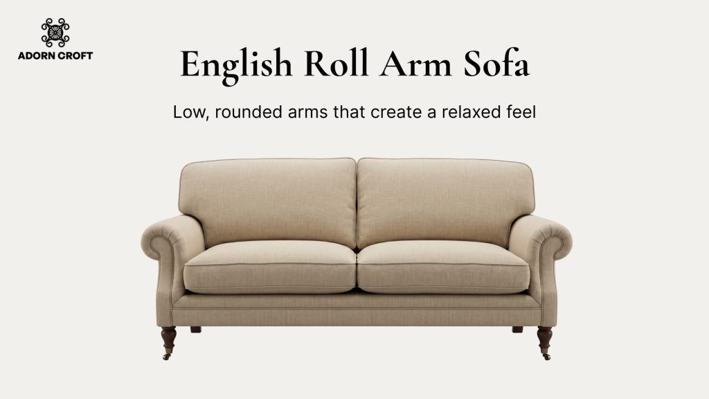 Graphic of an English Roll Arm sofa with a short description about its distinctive features.