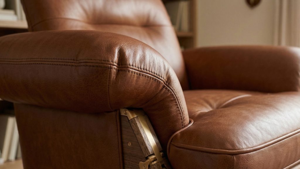 Closeup of a brown leather sofa.