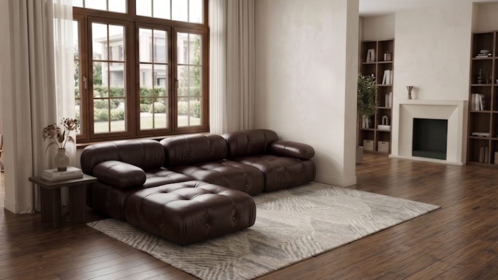 Adorn Croft's Mario Bellini sofa in espresso brown in a living room.
