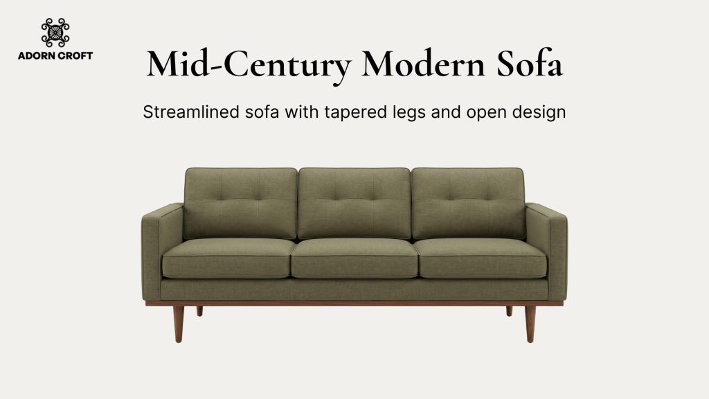 Graphic of a Mid-Century Modern sofa with a short description about its distinctive features.