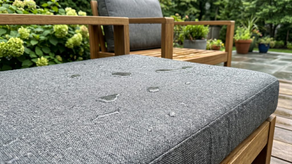 Water droplets on an outdoor sofa.