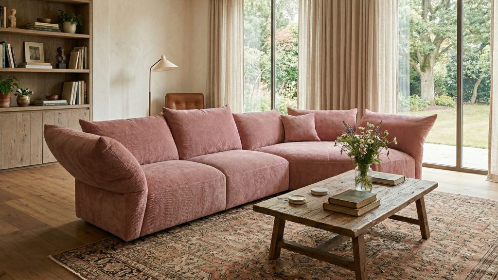 Adorn Croft's Pink Petal Sofa in a living room.