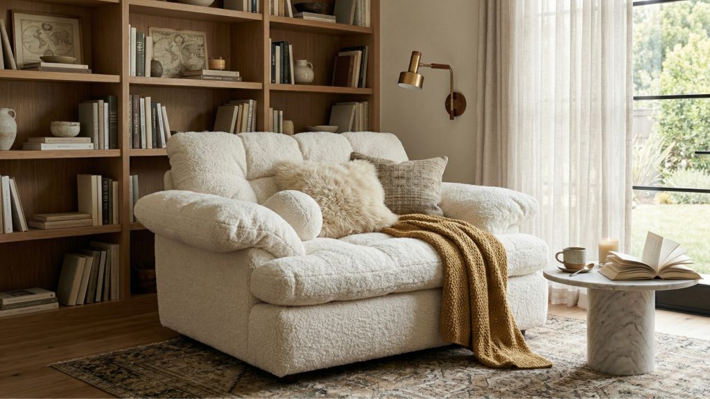 A plush armchair with a wide seat depth.