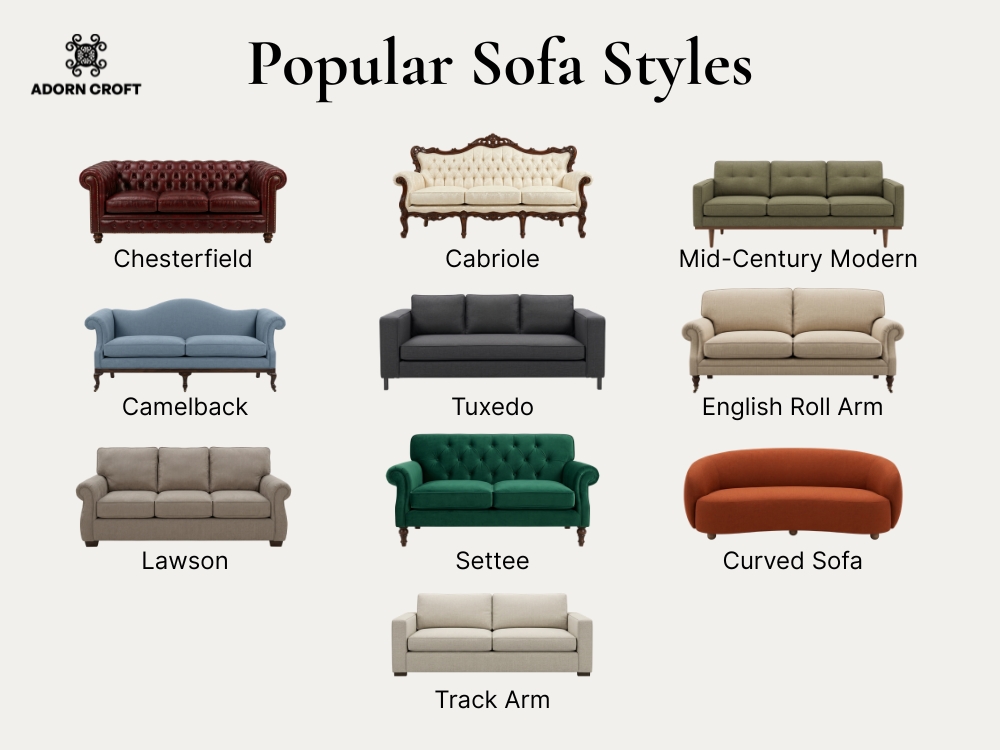 Graphic showing different popular sofa styles, including Chesterfield, Cabriole, Tuxedo, Lawson, and more.