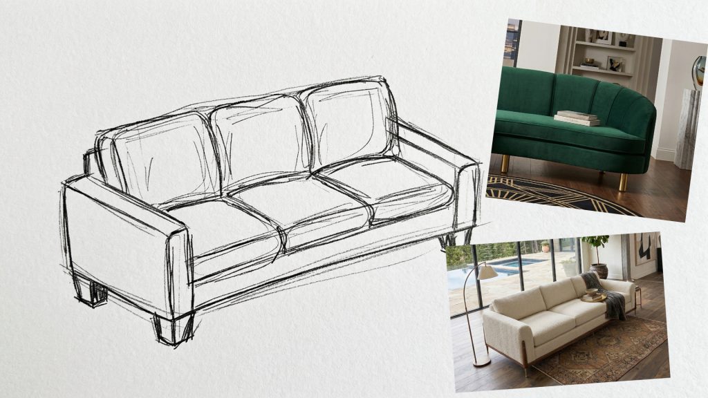 Sketch of a three-seater sofa with two reference images beside it.