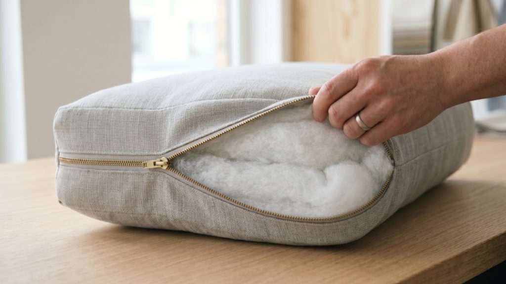 The outer fabric cover of a sofa cushion.