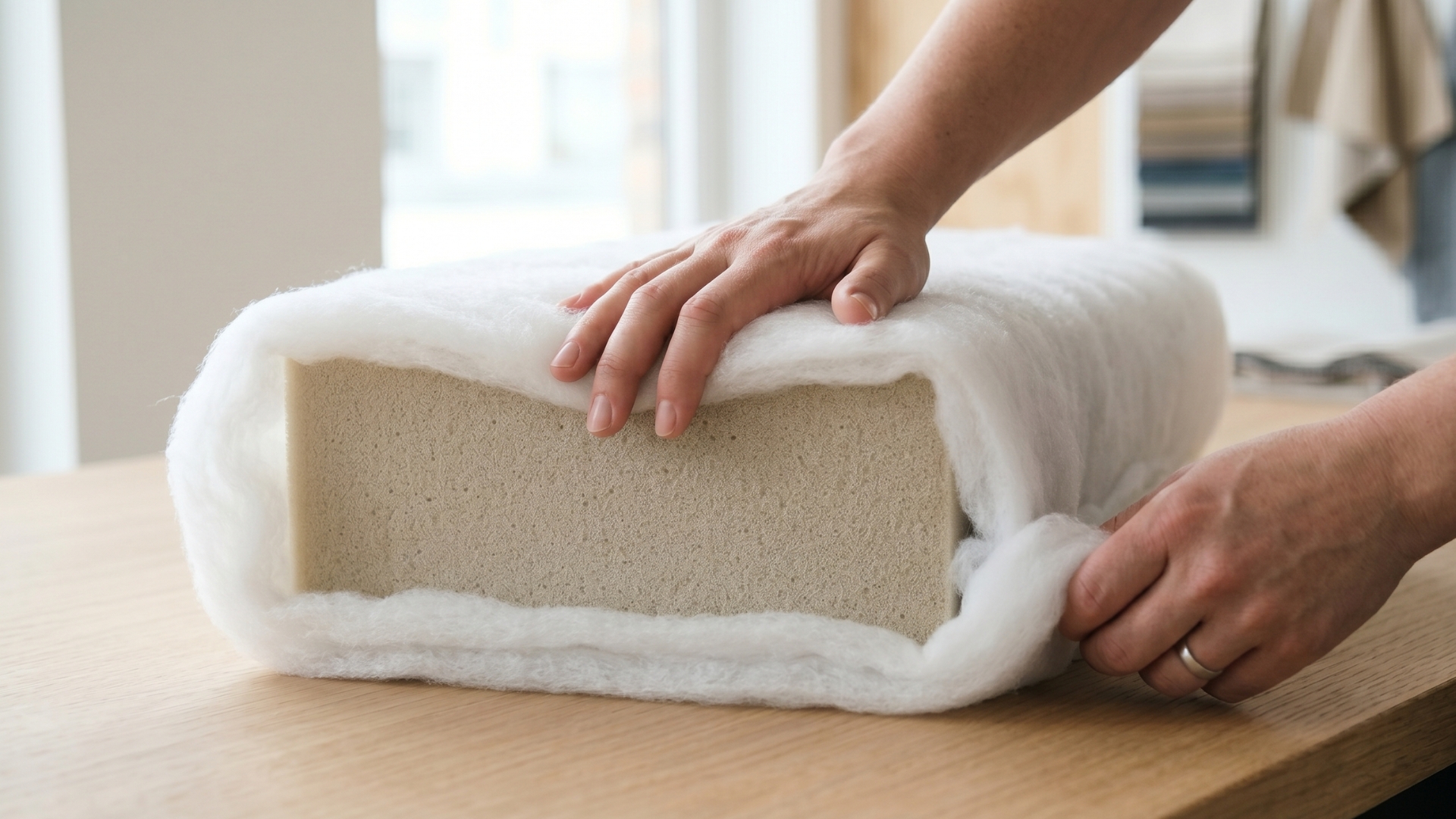 Dacron wrap around a foam core for a sofa cushion.