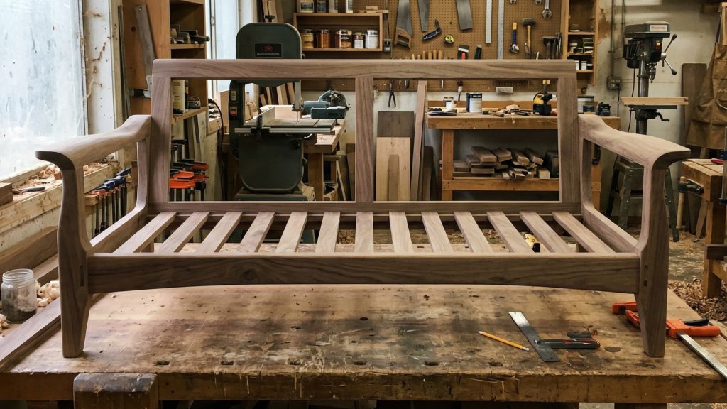 Kiln-dried hardwood sofa frame in a workshop.