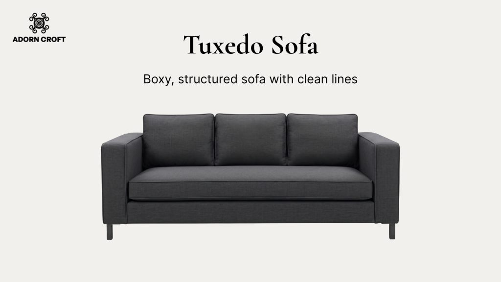 Graphic of a Tuxedo sofa with a short description about its distinctive features.