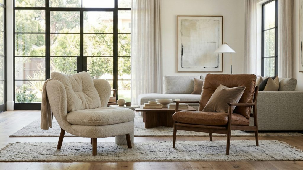 Two designer armchairs in a modern living room.