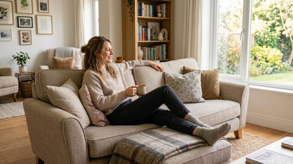 Woman lounging on a grey sofa in a living room.