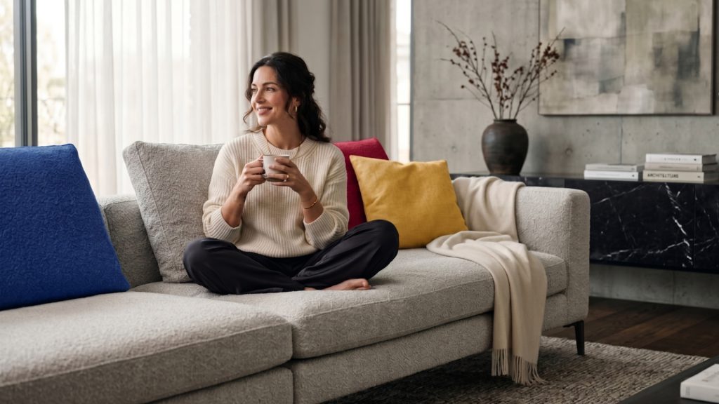 A woman holding a mug on a sofa.