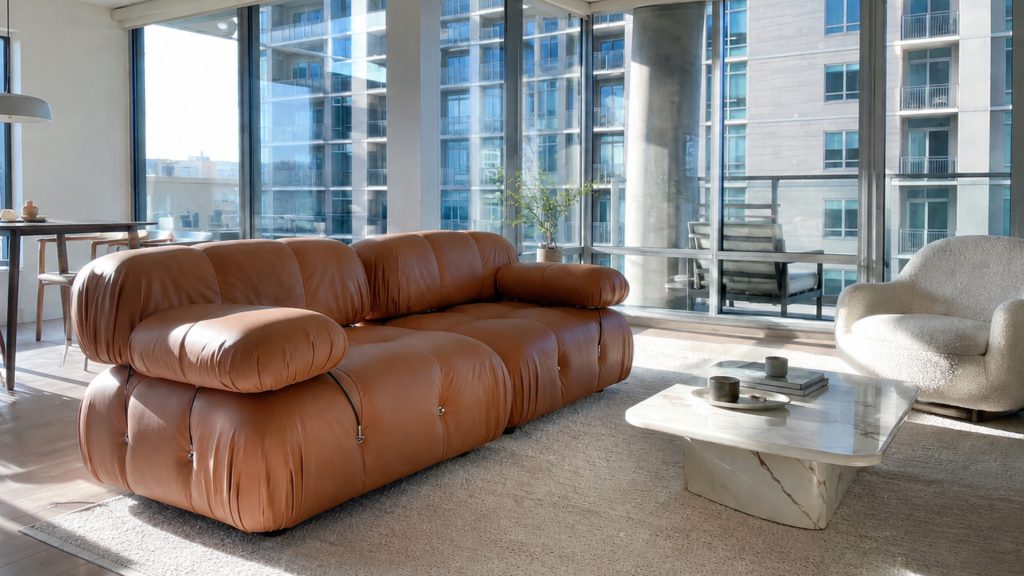 Adorn Croft's leather Mario Bellini sofa in a modern apartment living room