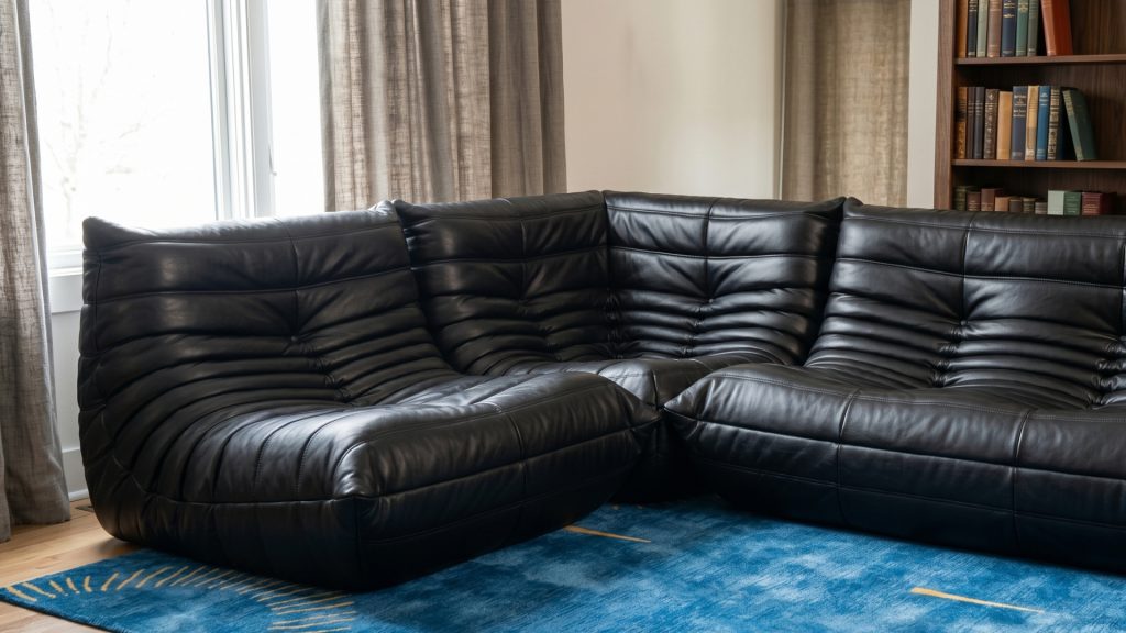 Adorn Croft's black leather Togo L-sectional.