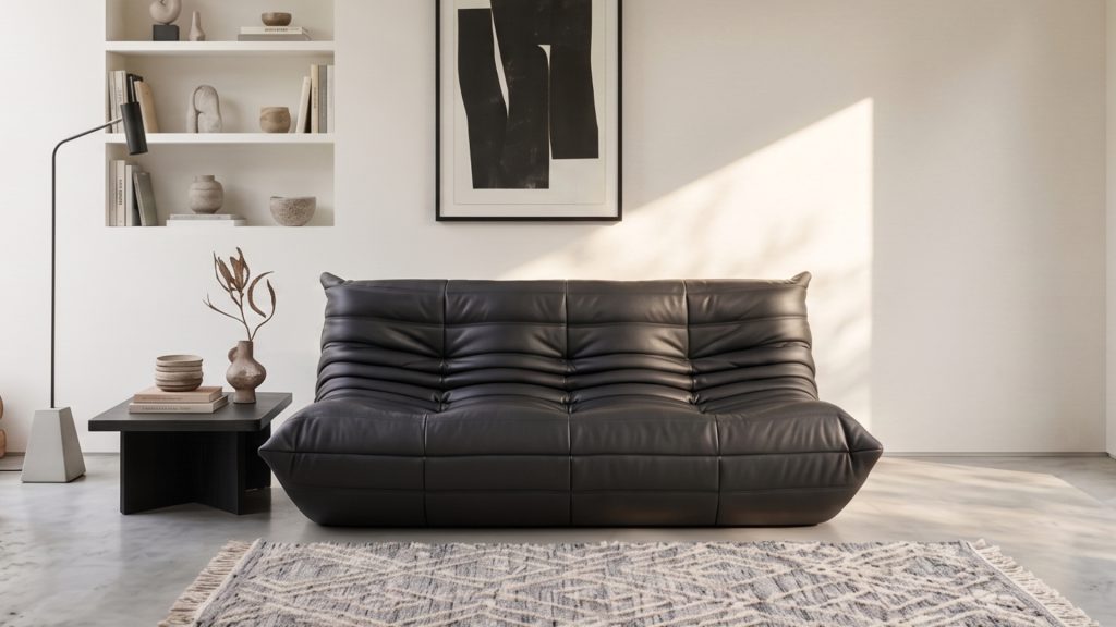 Adorn Croft's black leather Togo three-seater.