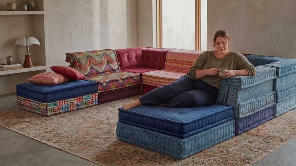Adorn Croft's colorful modular sofa with a plus size lady lounging