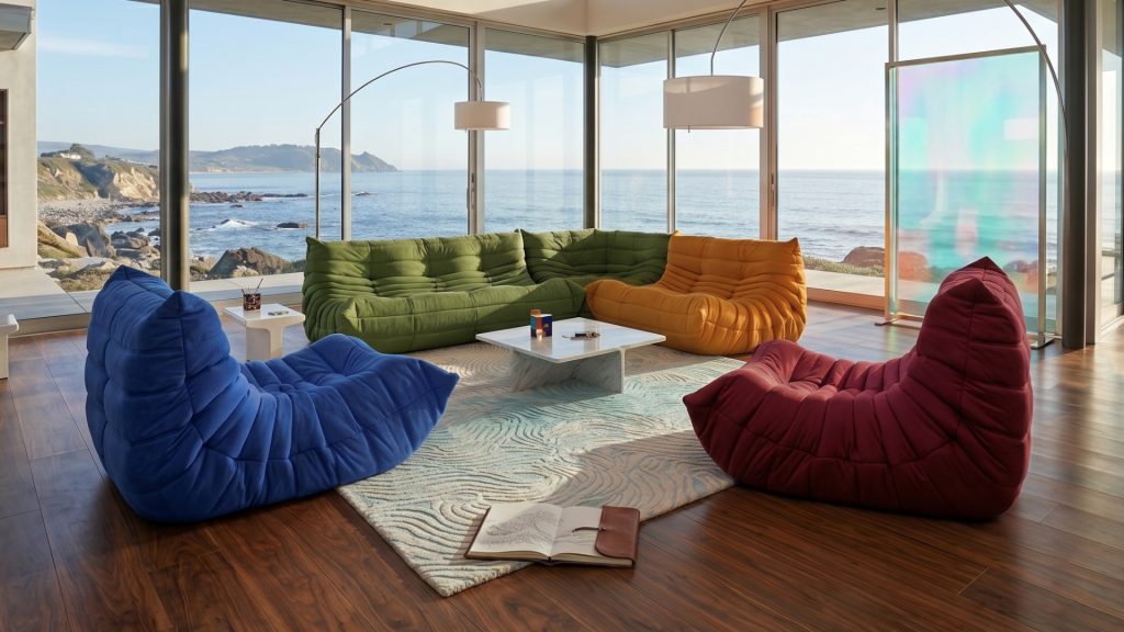 Adorn Croft's colorful Togo sofas in a grand living room by the sea.