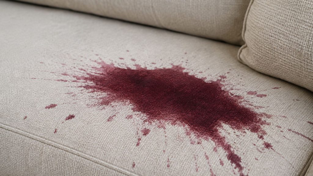 Wine spill on a cream-colored sofa