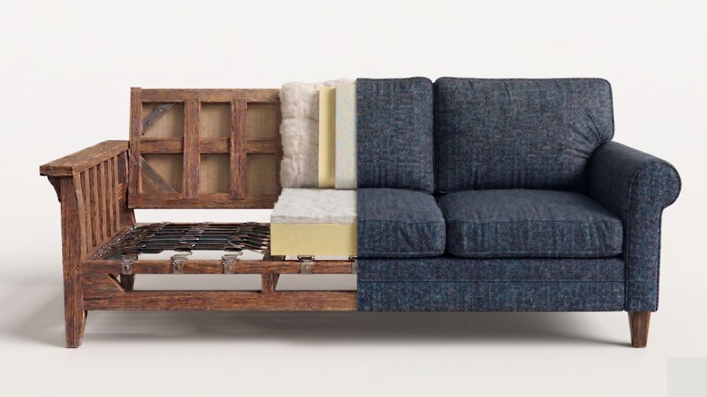 A cross section rendering of a blue sofa with kiln-dried hardwood frames, sinuous springs, and premium cushions