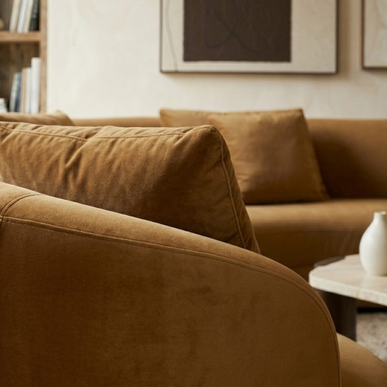 Closeup of a brown curved couch.