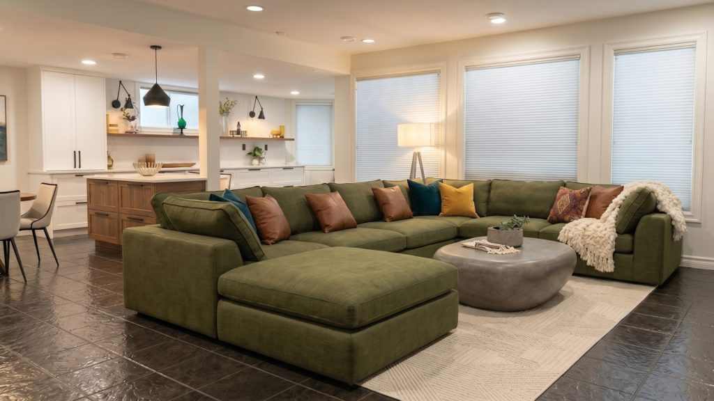 Deep seat green sofa in a modern living room