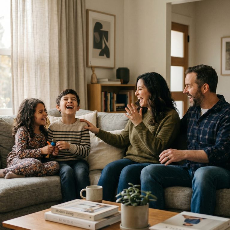 Family laughing on a sectional sofa.