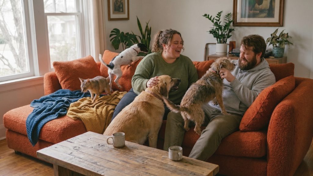 A family with dogs and a cat on an orange heavy-duty sofa