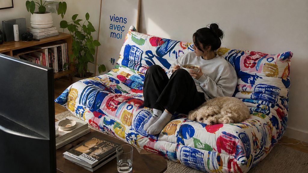 Girl and pet lounging on Adorn Croft's compact togo sectional
