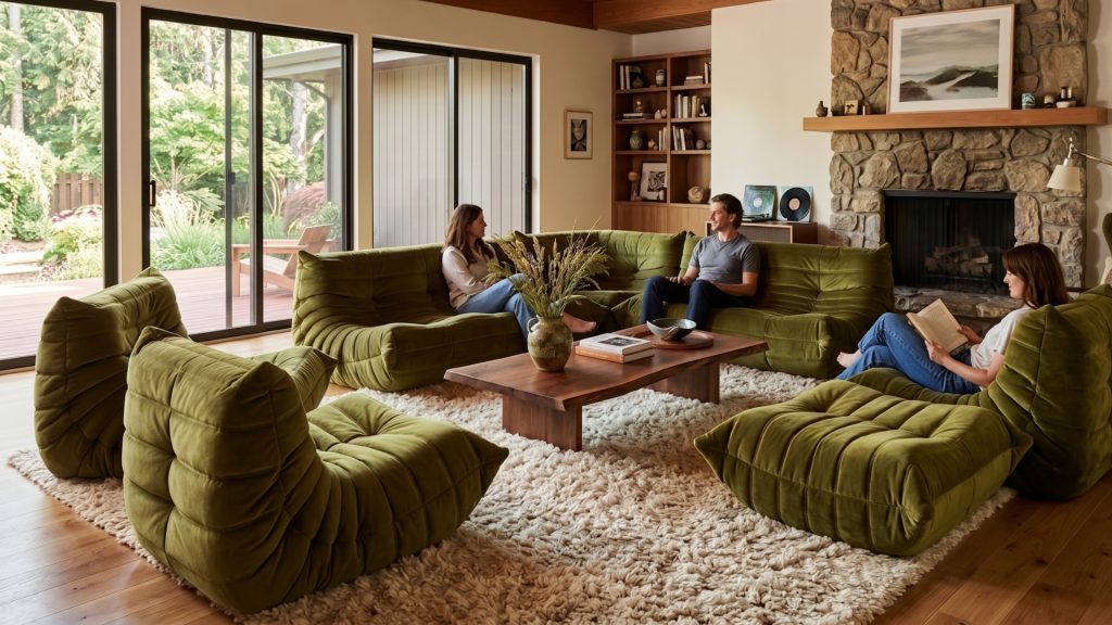 Three people lounging on Adorn Croft's green Togo sectionals.