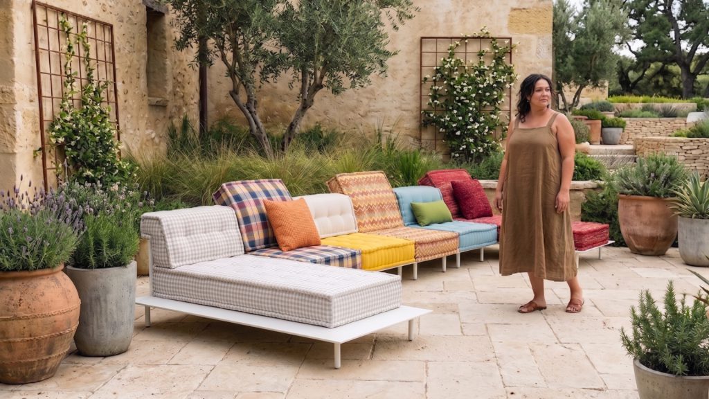 A lady with Adorn Croft's durable outdoor colorful sofa in a backyard