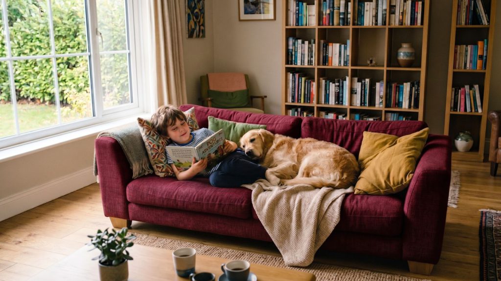 A kind and a dog lounging in a burgundy sofa