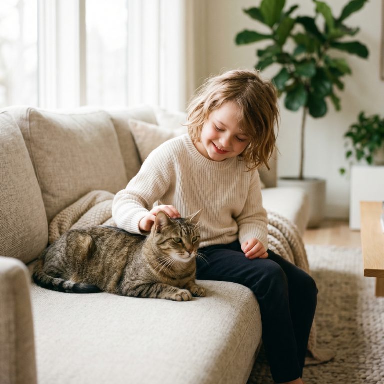 A kid petting a cat on a couch.