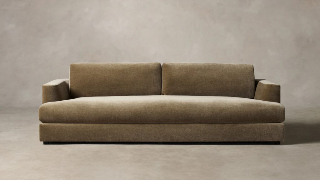 Maiden Home's Varvick sofa in a dark olive upholstery.