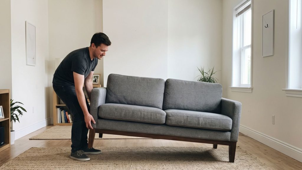 Man lifting one side of a sofa