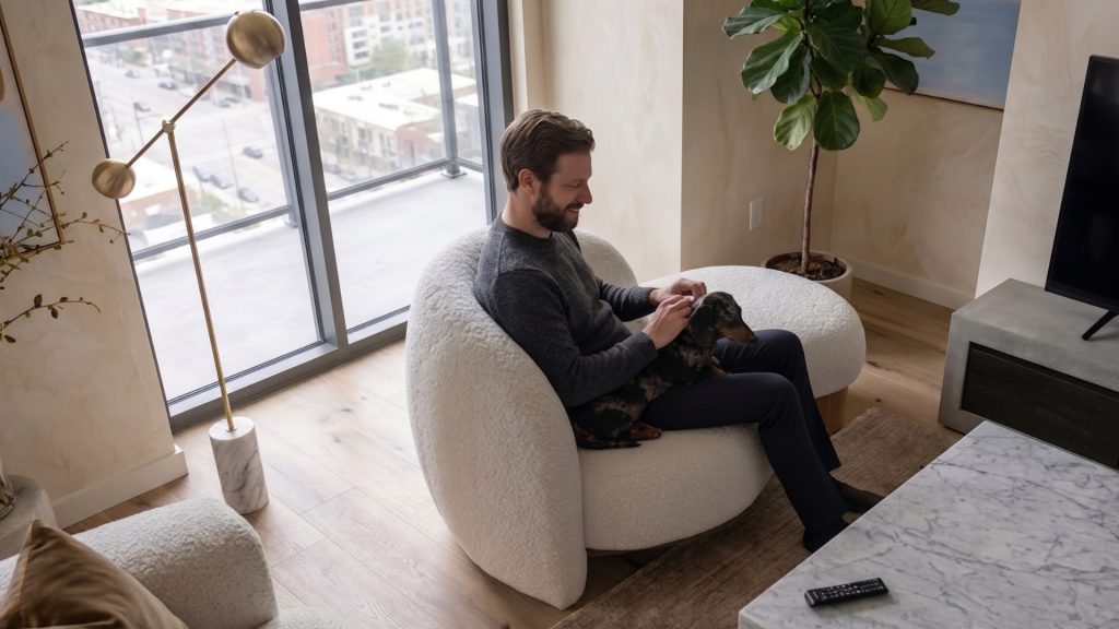 Man with pet on the Raphael Armchair from Adorn Croft
