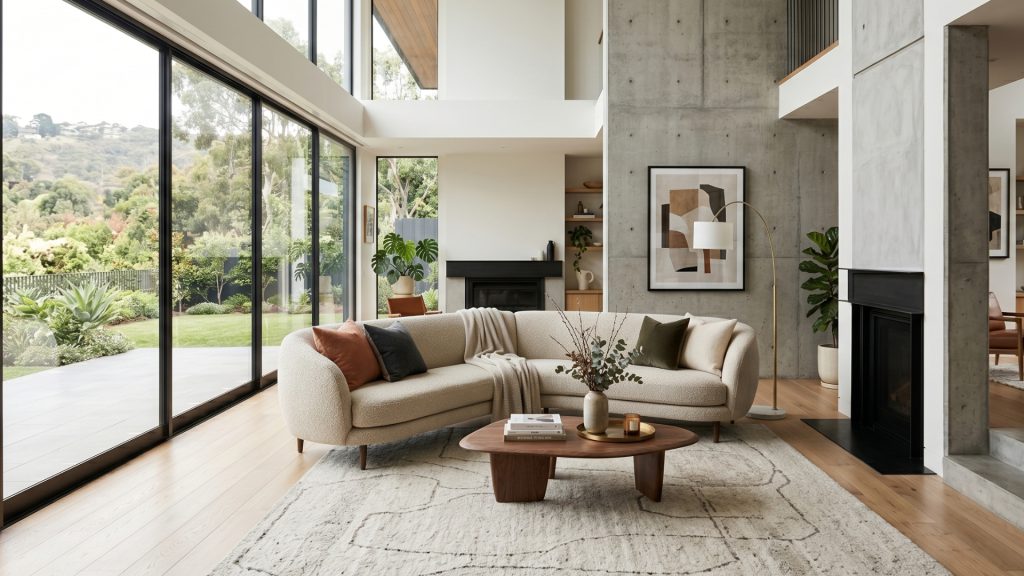 Modern cream sectional in a large living room.