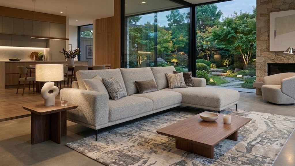 Modern grey sectional in a large living room.