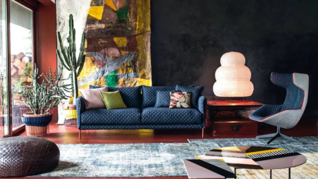 Moroso's Gentry sofa in a dark blue patterned fabric.