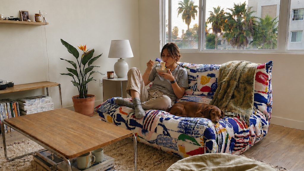 Girl eating noodles with her pet on Adorn Croft's multicolored Togo two-seater sofa
