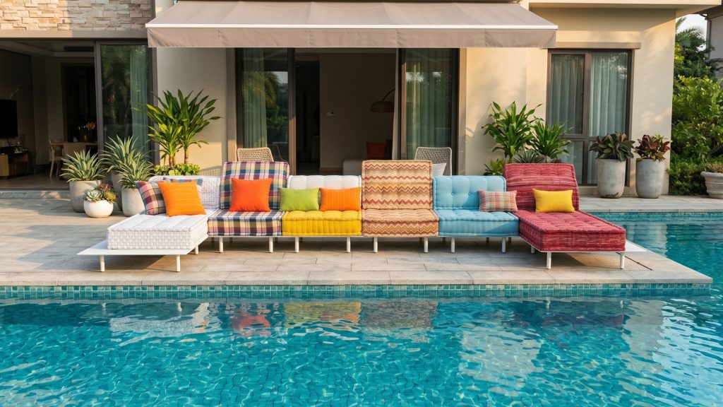 Adorn Croft's Iris Colorful Outdoor sofa by a backyard pool.