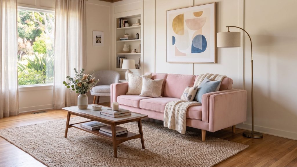 Pink sofa in a clean living room
