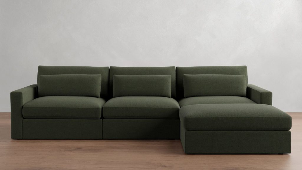 Pottery Barn's Westwood Deep Sofa in dark green upholstery