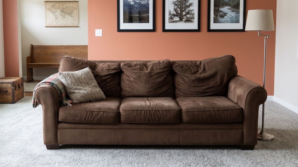 Brown family sofa with sagging cushions