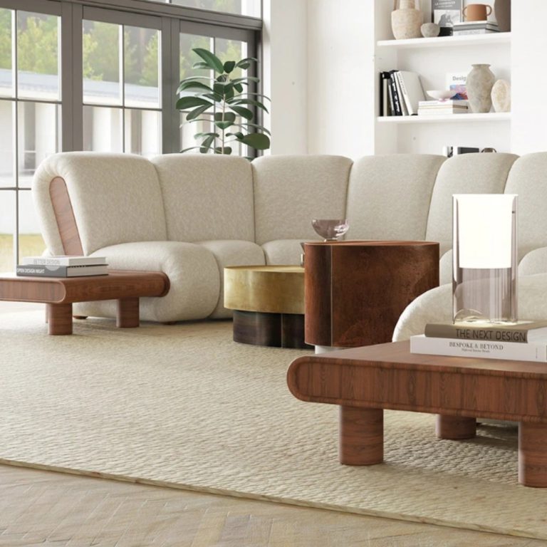 A rounded sectional sofa in a modern living room.