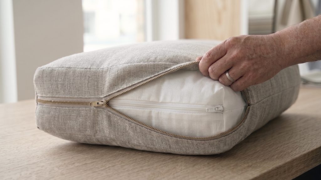The outer fabric cover of a sofa cushion.
