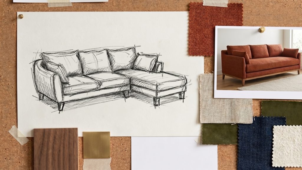 Mood board including a sofa sketch, couch fabrics, and an image.