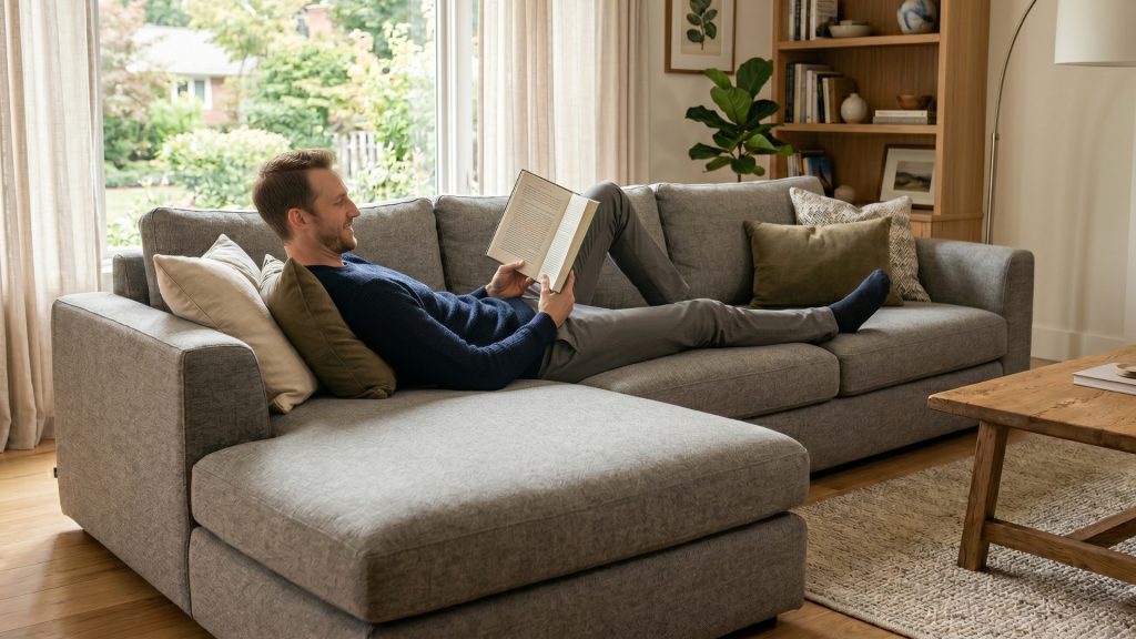 Tall man lounging on a sectional with a chaise.