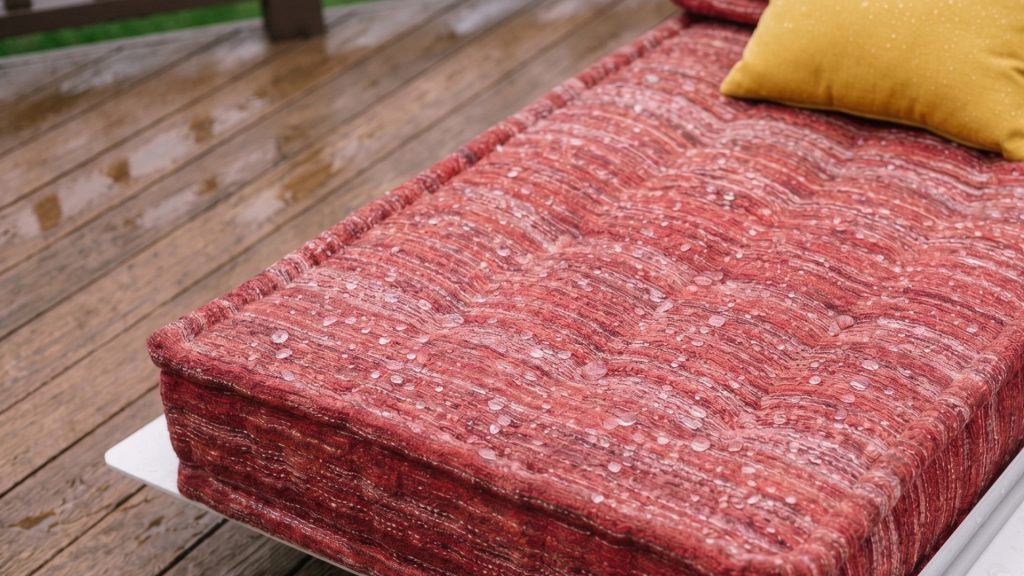 Closeup of rain droplets on Adorn Croft's outdoor sofa in weather-resistant performance fabrics.